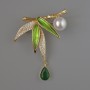 Brooch Leaves with Green Crystal and Enamel, White Beads Crystals, and Bead 49x44mm, Gold-colored Metal