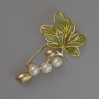 Brooch Leaf Green Enamel, white and yellow beads 53x31mm, gold-toned metal