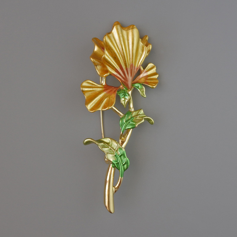 Brooch Iris yellow and green enamel 78x34mm, golden metal