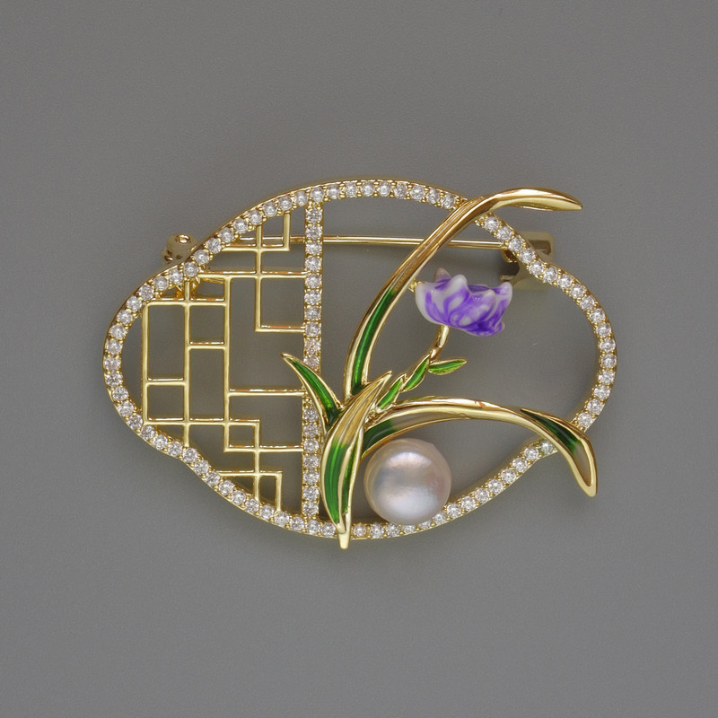 Flower Brooch with White Rhinestones and Bead, Green and Purple Enamel on Gold-Tone Metal 31x42mm