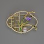 Flower Brooch with White Rhinestones and Bead, Green and Purple Enamel on Gold-Tone Metal 31x42mm