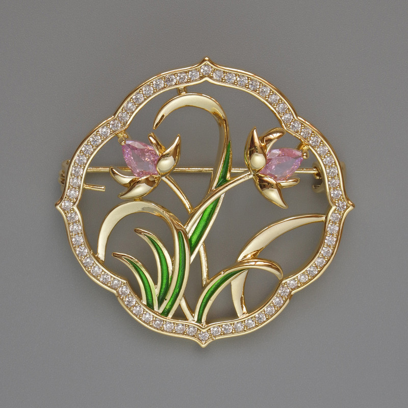 Brooch Flowers Pink Crystals, White Rhinestones, Green Enamel 38x38mm Golden Metal