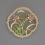 Brooch Flowers Pink Crystals, White Rhinestones, Green Enamel 38x38mm Golden Metal
