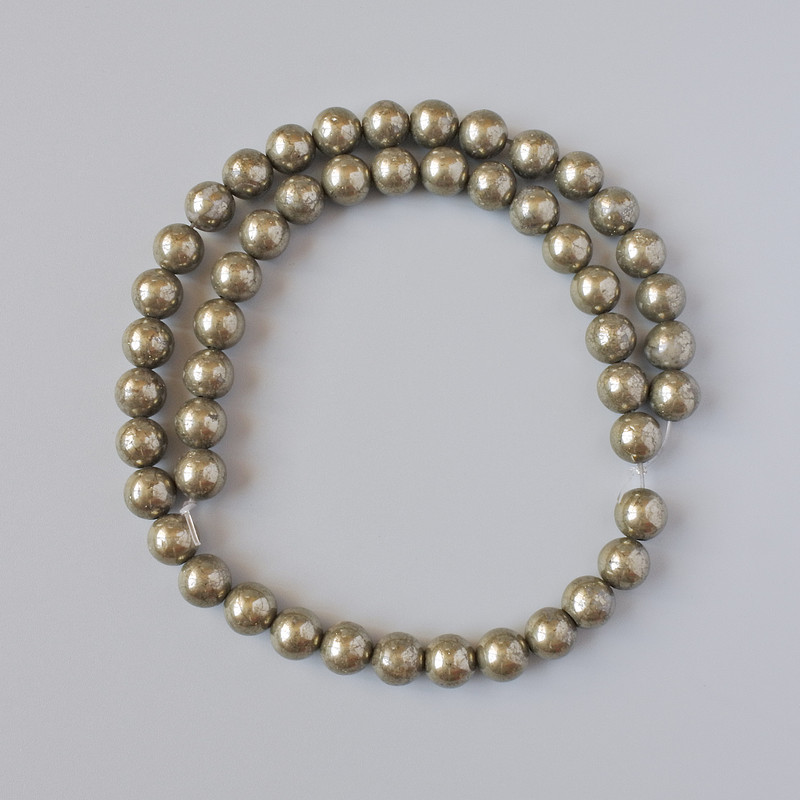 Pyrite Beads Natural Stone Smooth Sphere 8mm Diameter, 39cm Length on Fishing Line