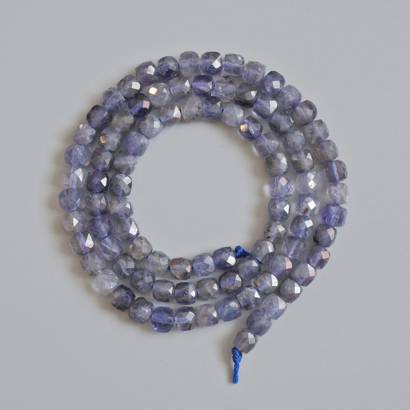 Iolite Beads, natural stone, faceted cube, diameter 4.5 mm, length 39 cm on a thread