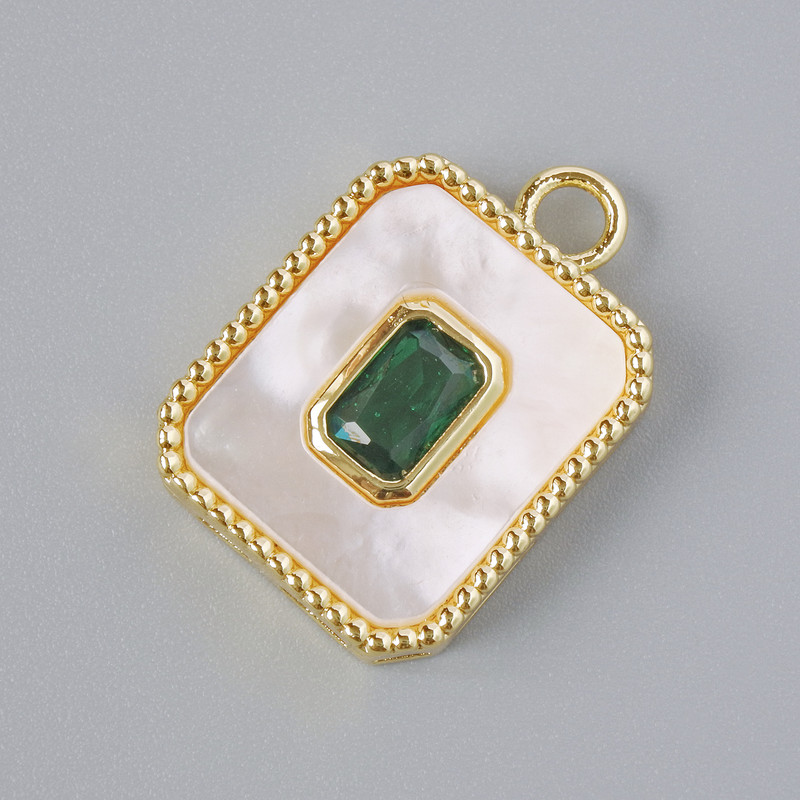 Pendant with Mother-of-P pearl and green crystal, gold-tone metal, 20x14mm diameter