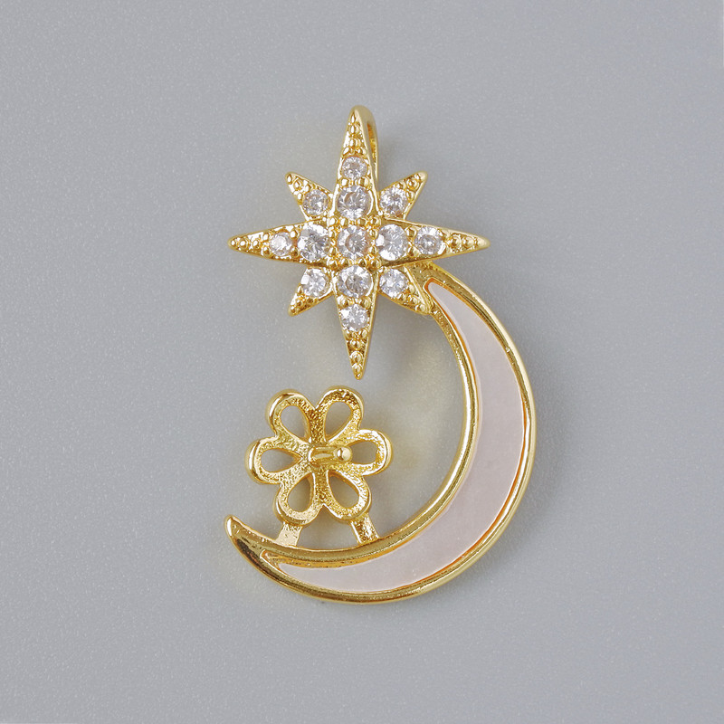 Fittings Pendant "Moon" Mother-of-Pearl and White Strass, Gold-tone Metal, 21.5×14 mm