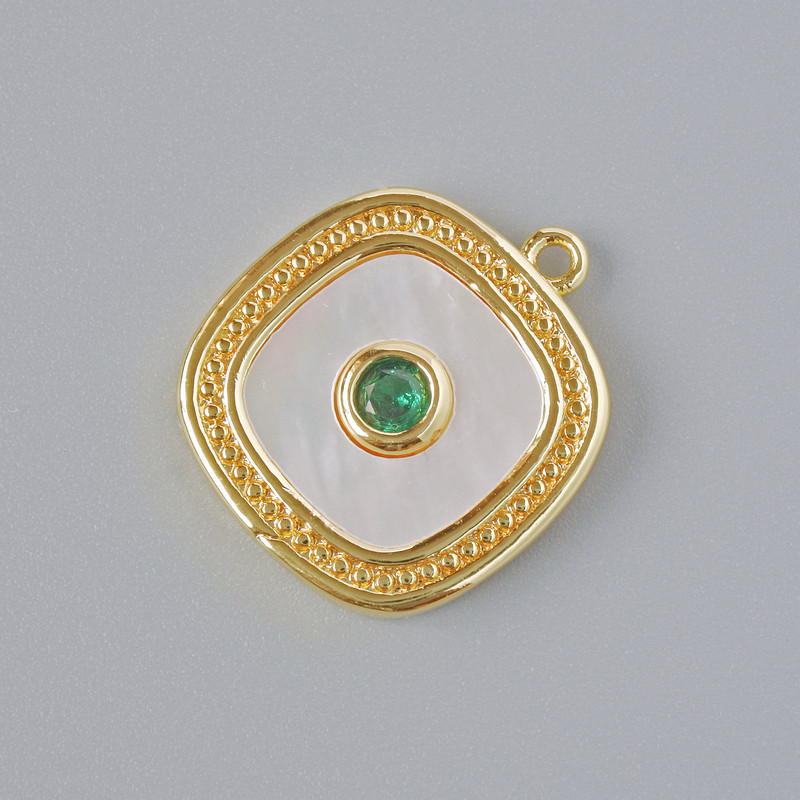 Pendant Mother-of-Pearl and Green Crystal, Golden Metal Tone, 17x15 mm diameter