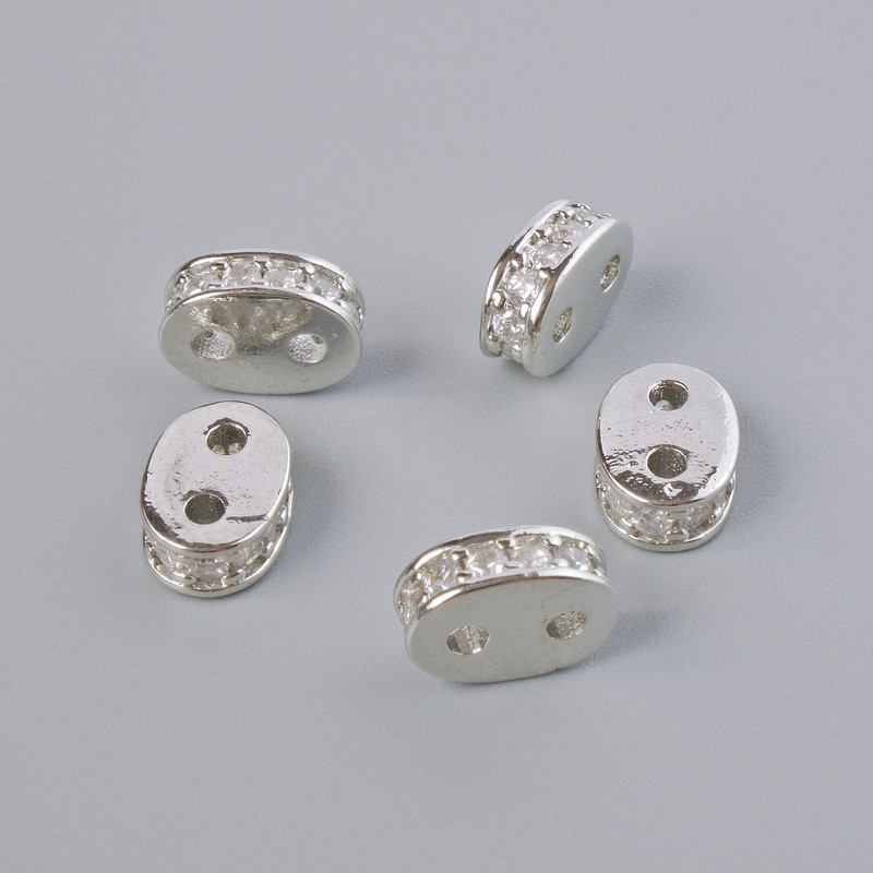 Separator bead for 2 strands with white crystals, silver metal finish, diameter 8×3mm± 1 piece
