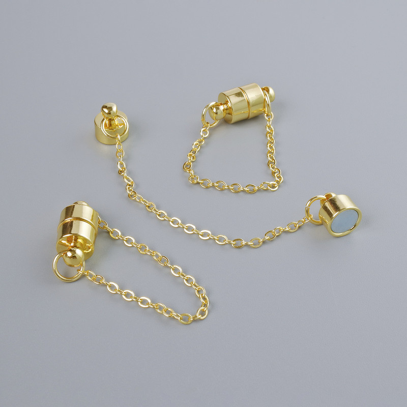 Magnetic clasp, diameter 13x6 mm, gold color metal with chain, length 5 cm