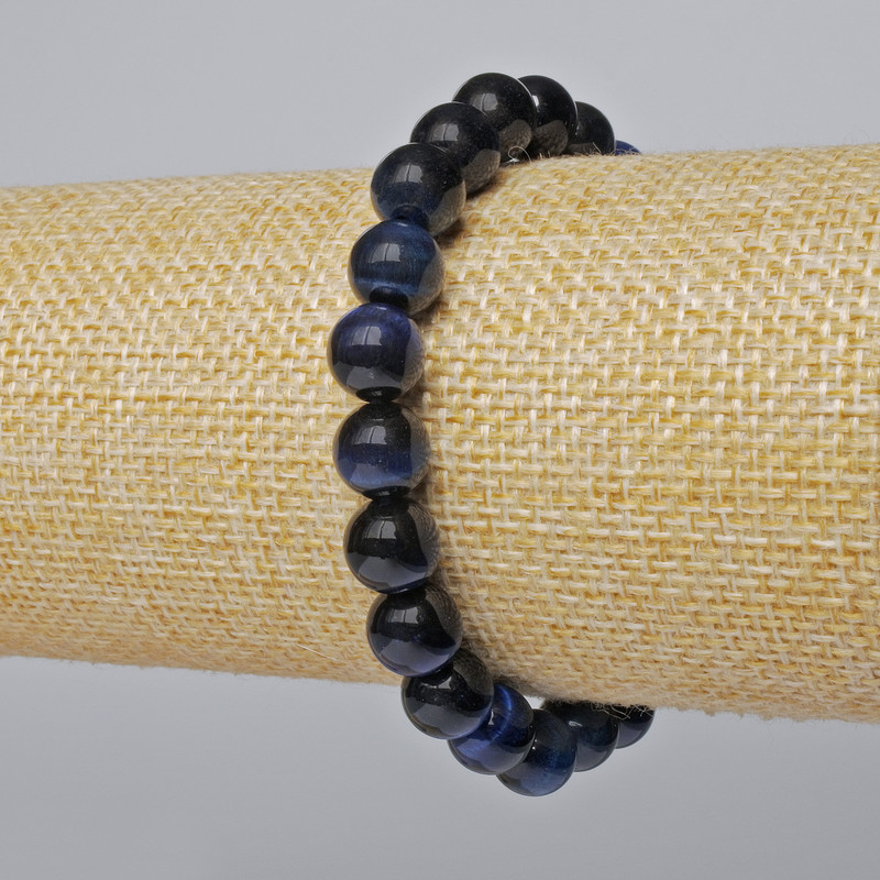 Bracelet Blue Cat's Eye Natural Stone Smooth Bead, diameter 8.5mm±, length 18cm± (stretch)