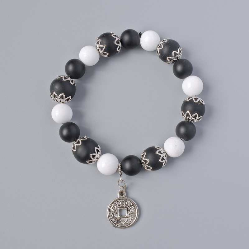 Bracelet with Shungite and White Agate, 12mm diameter, 10mm±, length 18cm± (stretch) with metal inserts