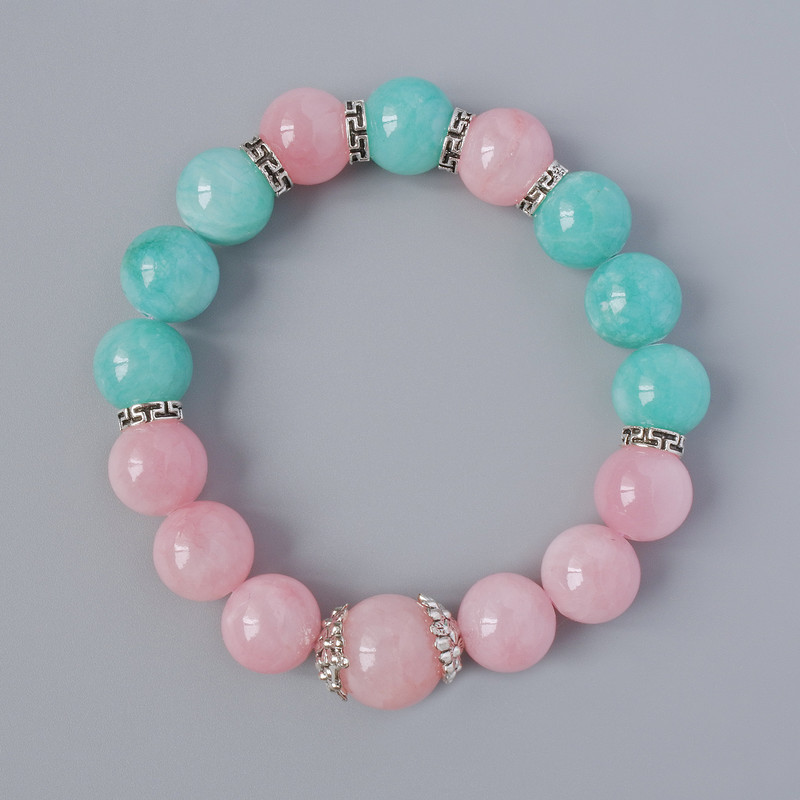 Bracelet Pink Quartz and Amazonite (artificial acrylic), diameter 12.5mm±, length 18cm± (stretch) with metal inserts