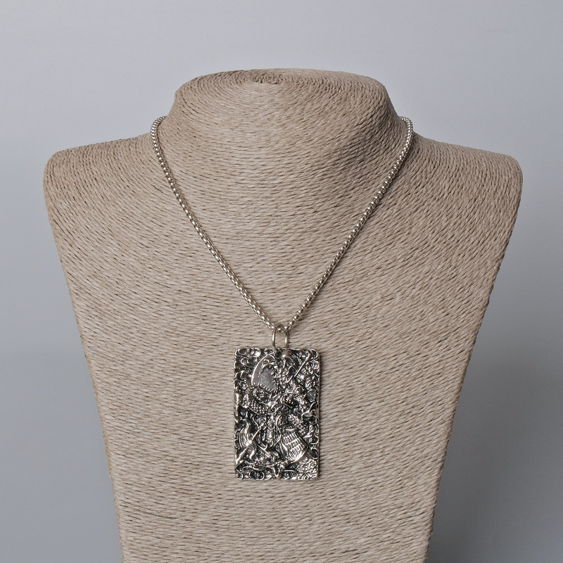 Pendant "Samurai" 62×35mm on chain, approximately 70 cm + - silver metal