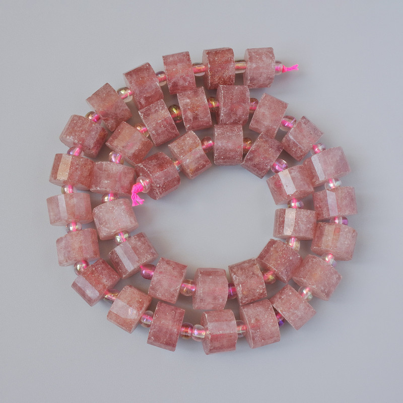 Strawberry Quartz Beads natural stone faceted disc 11×7mm, length 39cm, with thread on beading cord