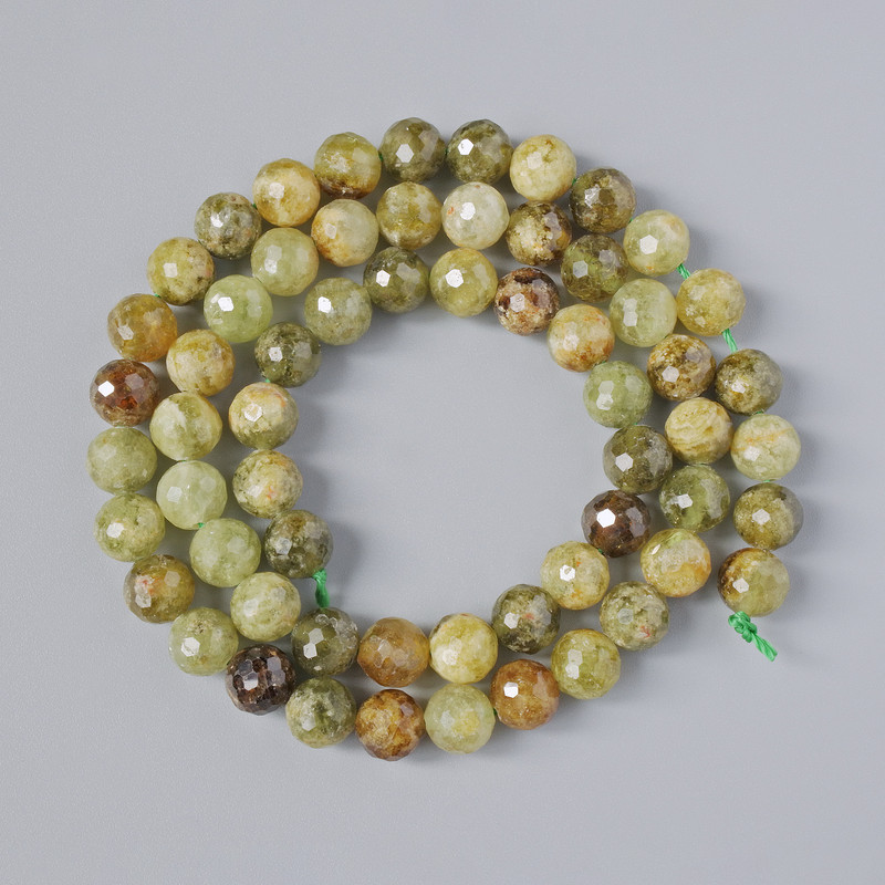 Grossular Garnet Beads (Green Garnet) Natural Stone Faceted Round Beads, 6.5 mm ±, Length 39 cm ± on Thread