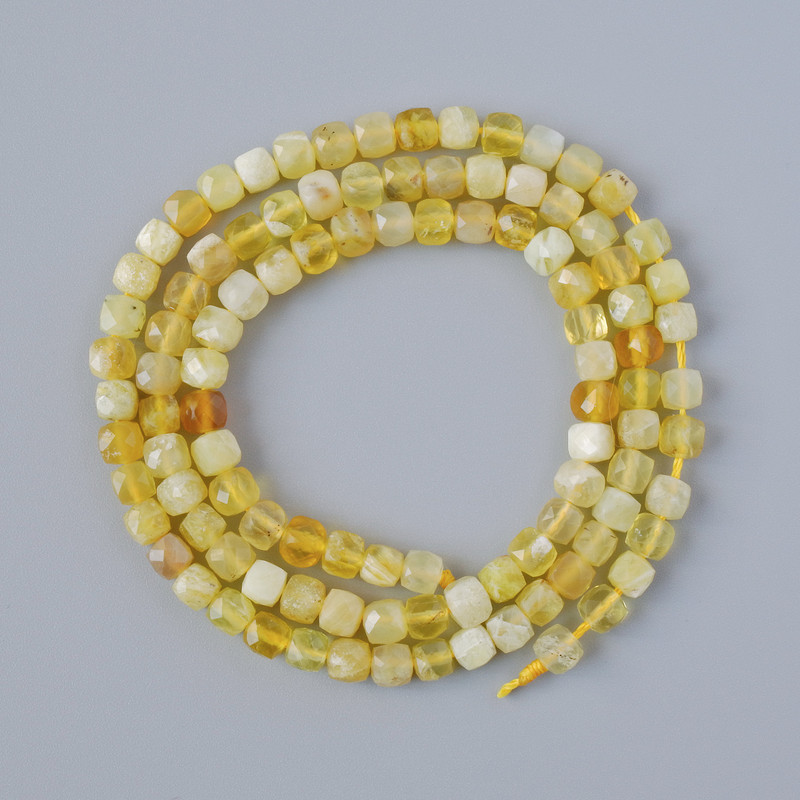 Beads Yellow Opal natural gemstone faceted cube, diameter 4mm±, length 39cm± on thread