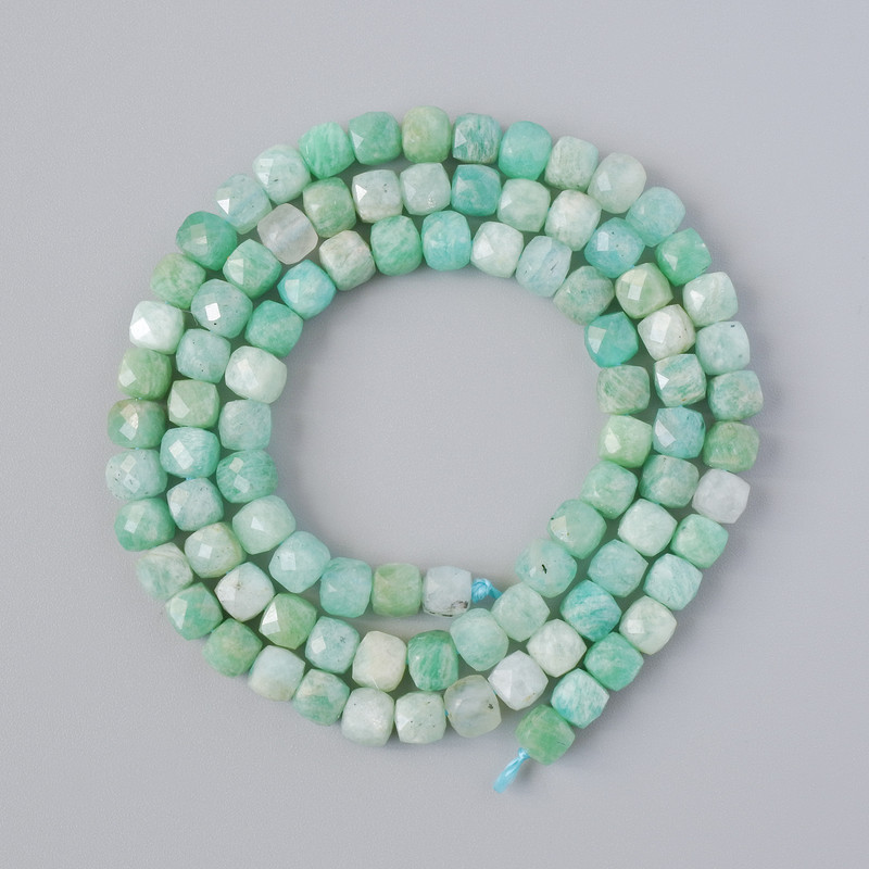 Amazonite Beads, Natural Stone, Faceted Cube, 4 mm ±, 39 cm ± on Thread