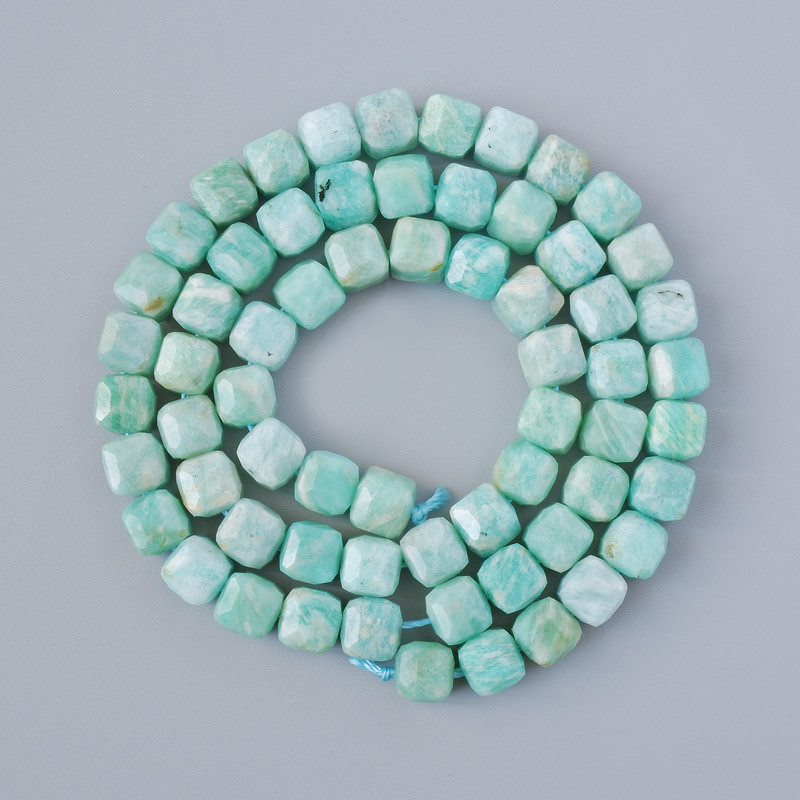Amazonite Beads, Natural Stone, Faceted Cube, 6mm diameter, 38cm+/- length on thread