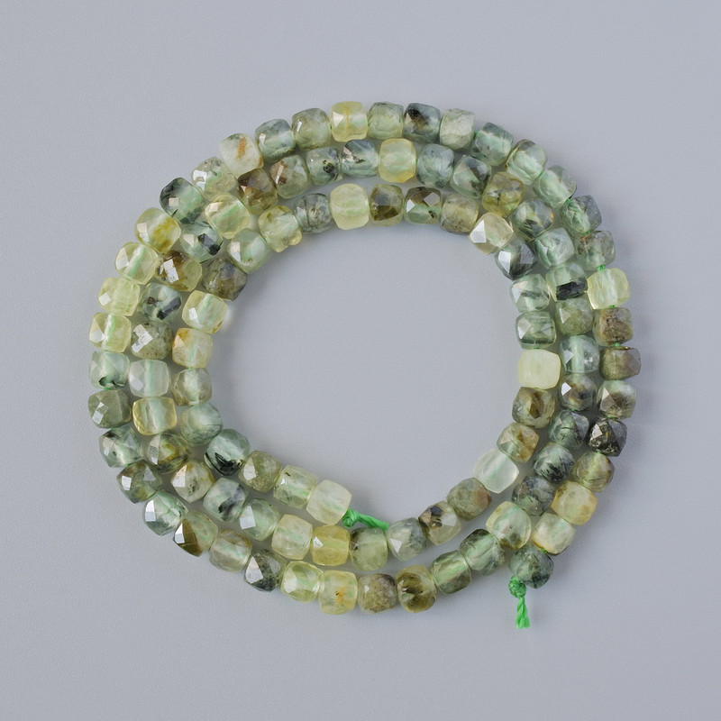 Prehnite Beads, Natural Stone, Faceted Cube, 4mm diameter ±, 39cm ± on Thread