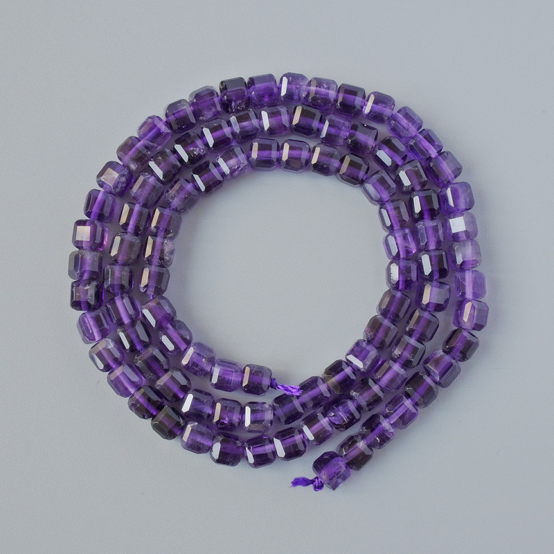 Amethyst Beads natural stone faceted cube, diameter 4mm±, length 38cm± on thread
