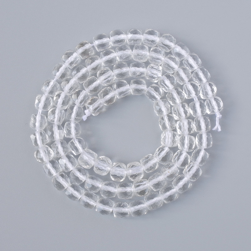 Beads Mountain Crystal natural stone faceted cube, diameter 4.5mm±, length 39cm± on thread