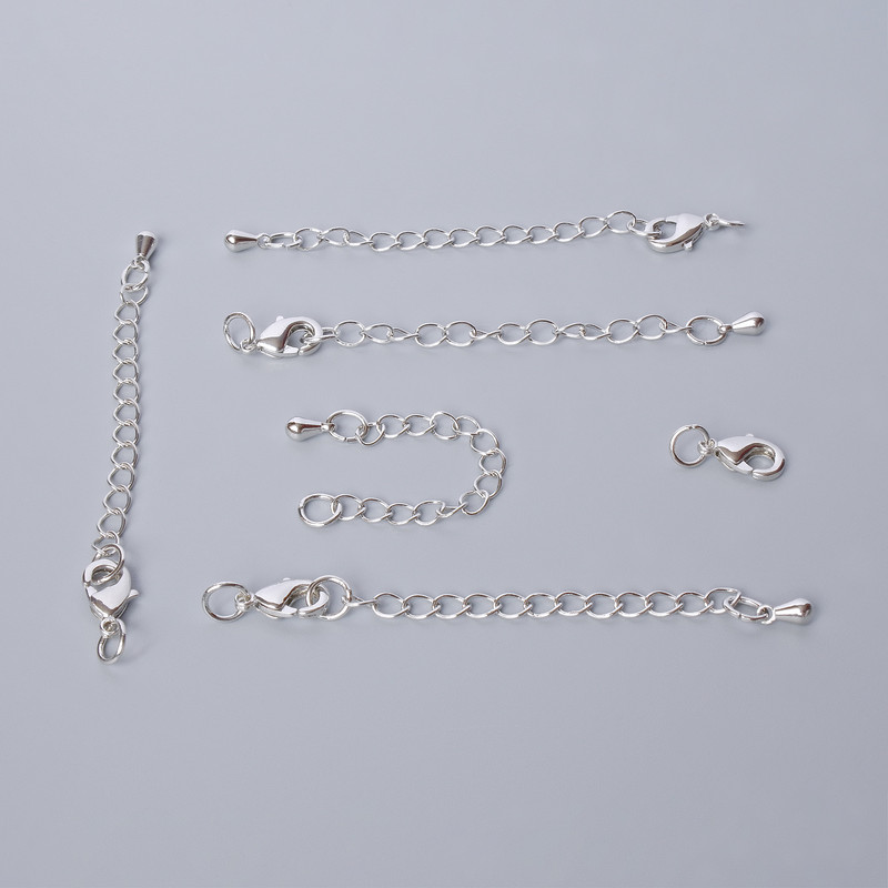 Clasp, Crimp/Carabiner with extender chain, diameter 10x5 mm, length 5.5 cm, silver metal color, 1 pc