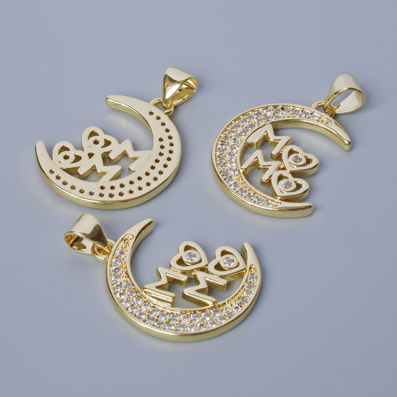 Pendant "Moon" with white crystals, metallic gold color, diameter 26x17mm