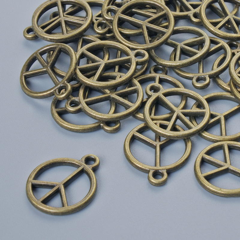 Pendant Finding "Peace Sign", diameter 14.5×12 mm, hole diameter 1.5 mm, packaged 30 pcs ±, bronze metal color