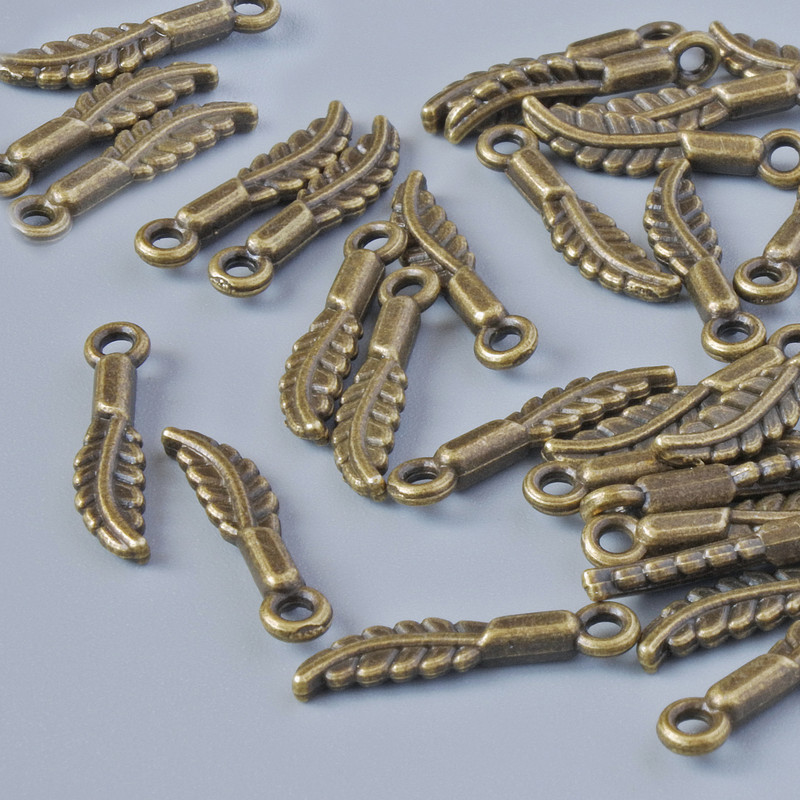 Pendant Finding "Feather", diameter 16x3.5 mm, hole diameter 1.4 mm, pack 33 pcs ±, bronze metal color