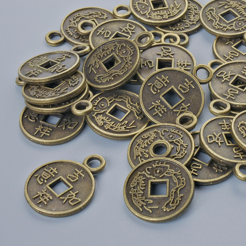 Pendant hardware “Chinese coin”, diameter 17x13mm, center hole diameter 2.3mm, pack of 24, bronze metal color