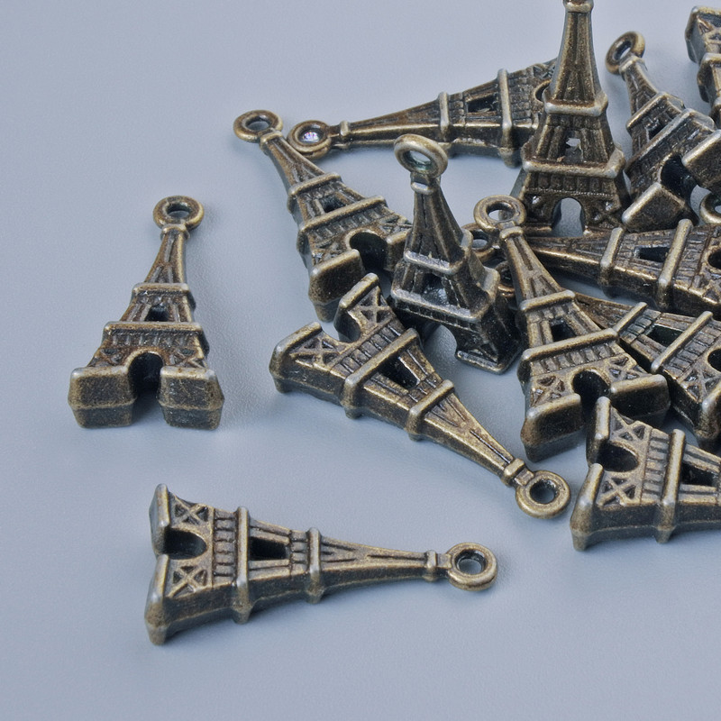 Pendant Hardware "Eiffel Tower", diameter 26x9mm, bore diameter 1.7mm, package 13 pcs ± bronze color metal