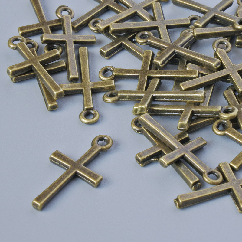 Pendant Jump Ring Cross, diameter 18×10 mm, hole diameter 1.3 mm, pack 30 pcs ±, bronze color of metal