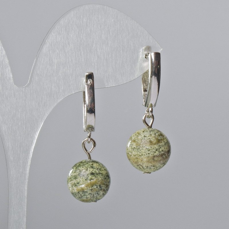 Serpentine Earrings Natural Stone Smooth Bead, 14mm± diameter, 34mm± length, English clasp