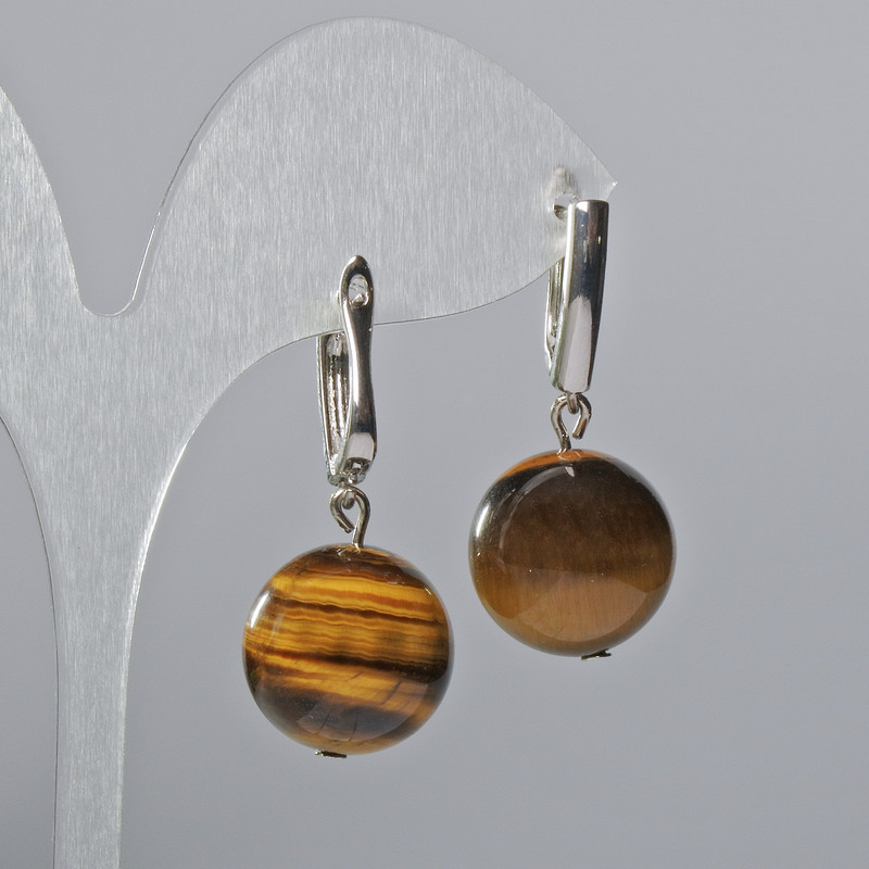 Tiger’s Eye Earrings, natural stone smooth bead, diameter 16mm±, length 35mm±, with a European (Italian) clasp