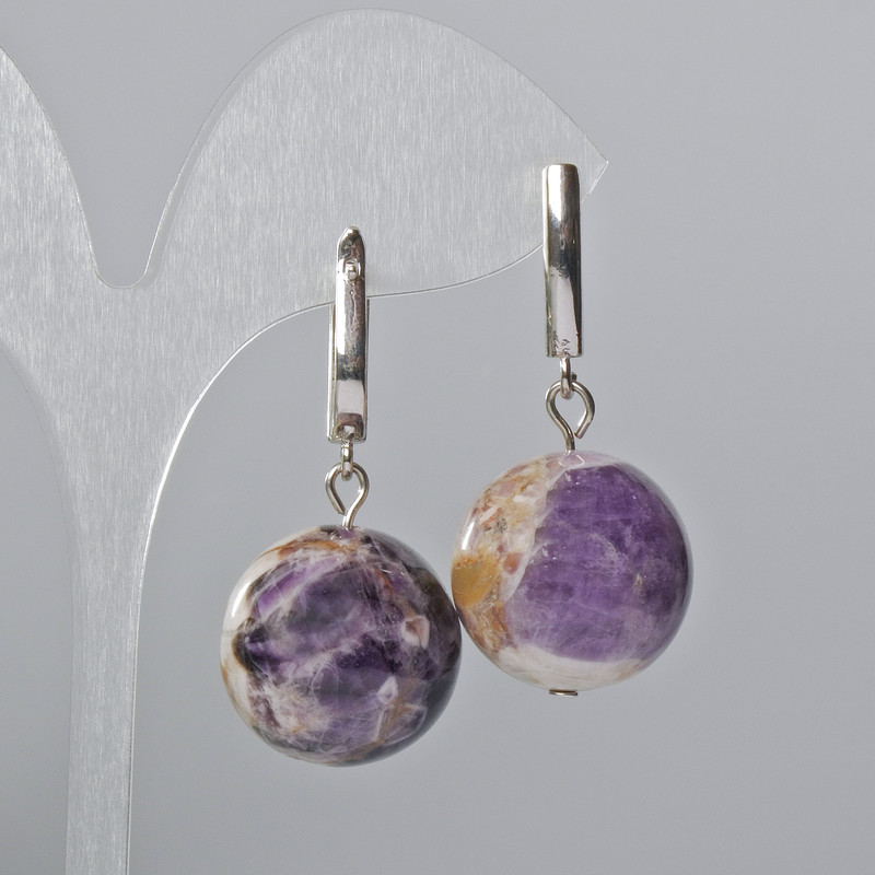 Earrings Amethyst natural stone smooth ball, diameter 20mm±, length 40mm±, with English clasp