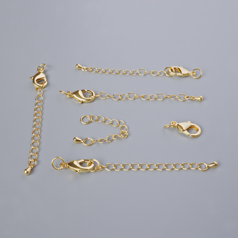 Clasp Hook, 15×8 mm diameter with elongating chain, length 5.5 cm, gold-tone metal, 1 pc