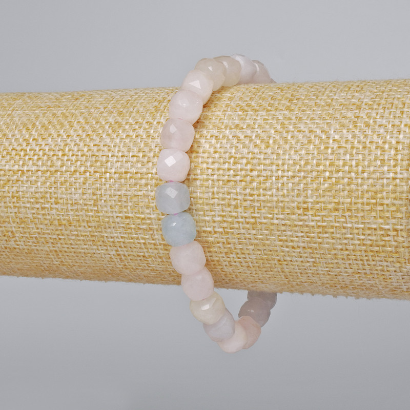 Morganite Bracelet, natural faceted cube stone, 7.5 mm diameter, length 18 in +- (stretch)