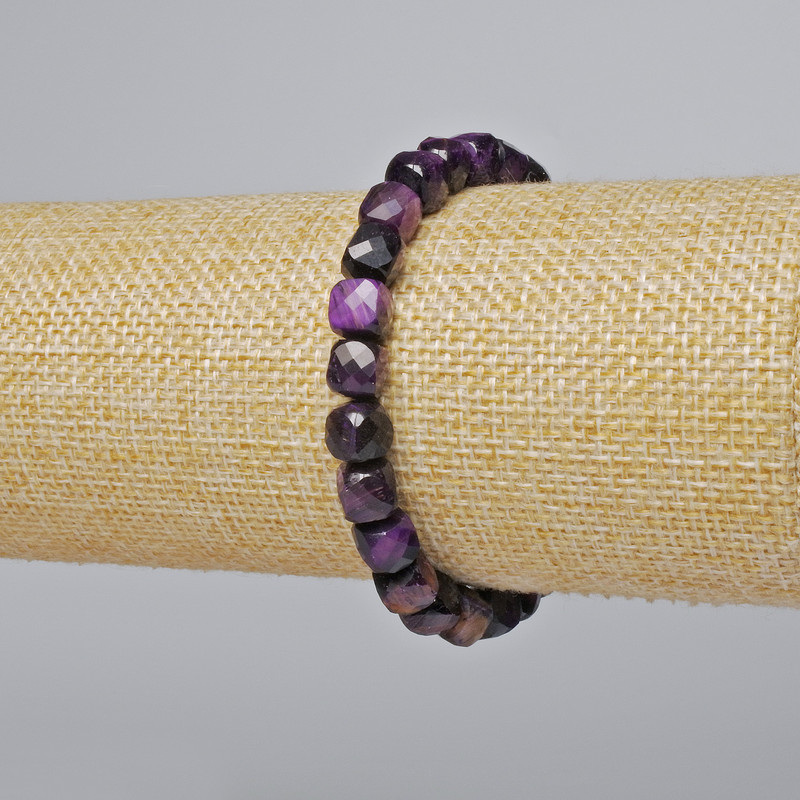 Bracelet Purple Cat's Eye natural stone faceted cube, diameter 7mm±, length 18cm± (stretch)