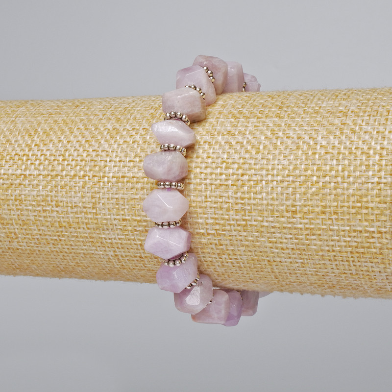 Bracelet Kunzite Natural Stone Beaded Rondelle, diameter 10x7mm±, length 18cm± (stretch) with metal accents