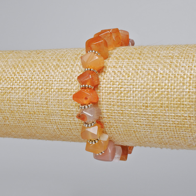 Bracelet Botswana Orange Natural Stone Faceted Rondelle Granules, 10x7mm ±, length 18cm ± (stretch) with metal inlays