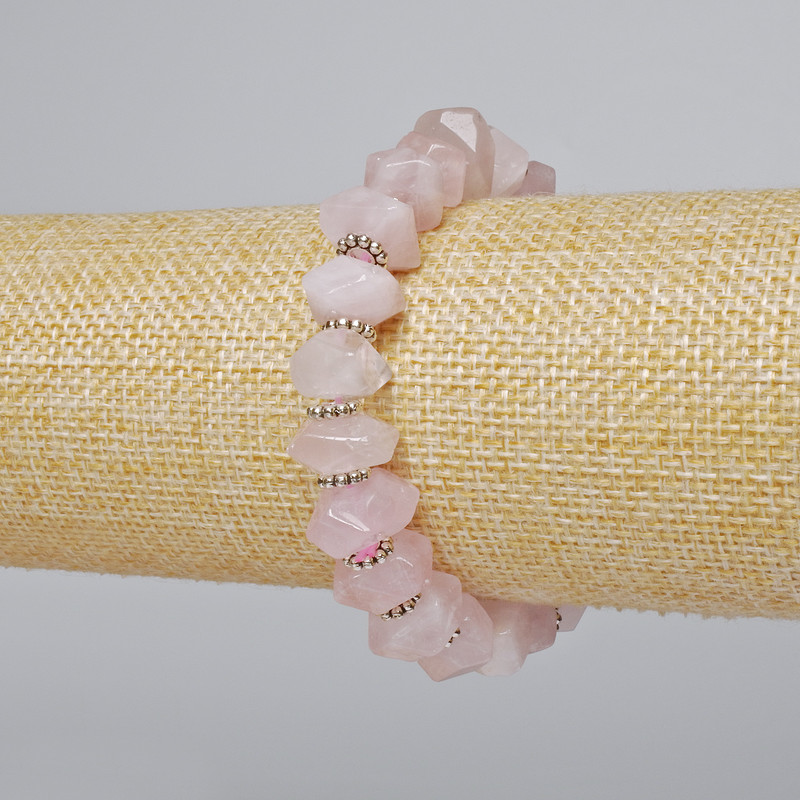 Bracelet Pink Quartz natural stone faceted rondelle, diameter 10x7mm±, length 18cm± (stretch) with metal accents
