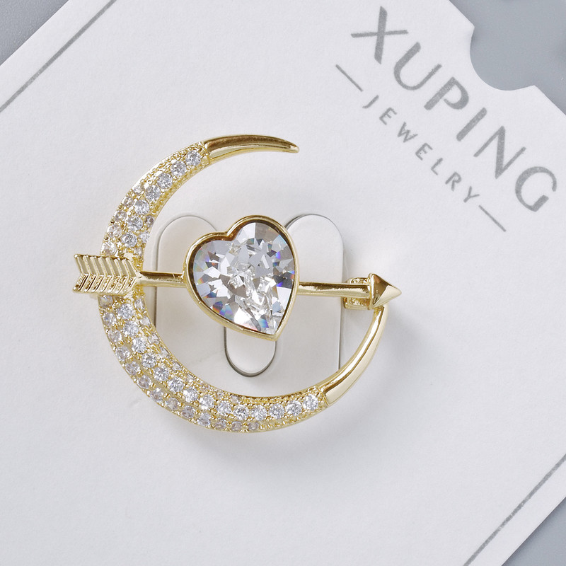 Brooch Xuping "Heart" white crystal and white rhinestones 24x27mm, light golden metal, gold plating