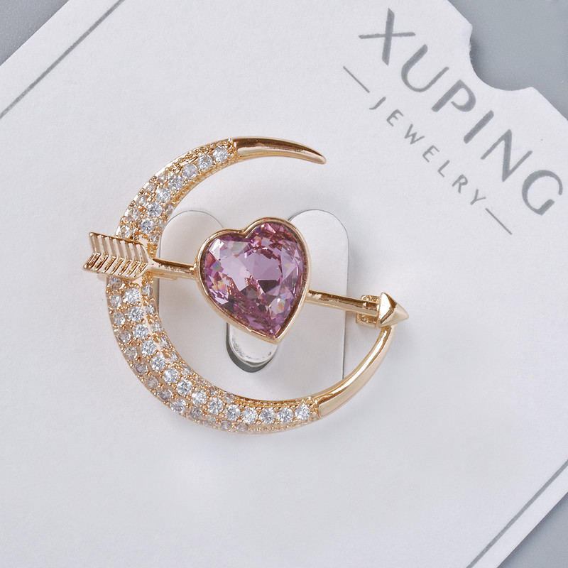 Xuping Brooch "Heart" with Purple Crystal and White Rhinestones 24x27mm, Gold-tone Metal, Plating