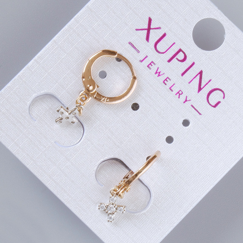 Earrings "Cross" Xuping with White Crystals, 7.5×6mm ±, length 23mm ±, 18K gold-pl plated