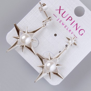 Stud Earrings "Star" Xuping with White Crystal and Bead, diameter 30×24.5 mm approx, length 39 mm approx, Rhodium Plated