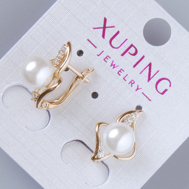 Xuping Earrings with White Rhinestones and Bead, diameter 18x12mm, 18K Gold Plating