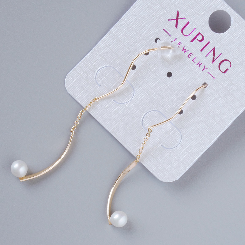 Earrings Xuping with white bead, diameter 5.5x5.5 mm, length 35 mm approx., without clasp, 18K gold plating