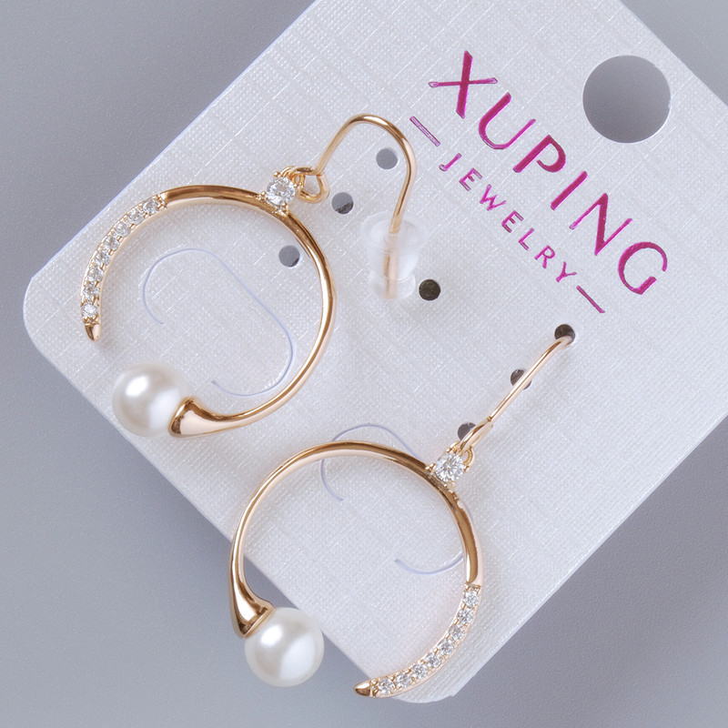 Xuping Earrings with White Crystals and Bean Pearl, diameter 25x19, 5mm, length 37mm±, without clasp, 18K gold plated