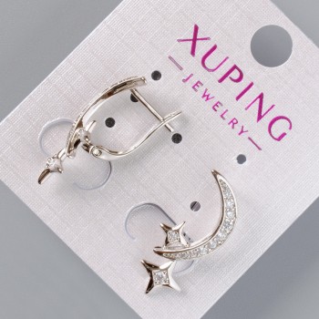 Earrings "Moon and Stars" Xuping with white rhinestones, diameter 24.5x10mm, rhodium